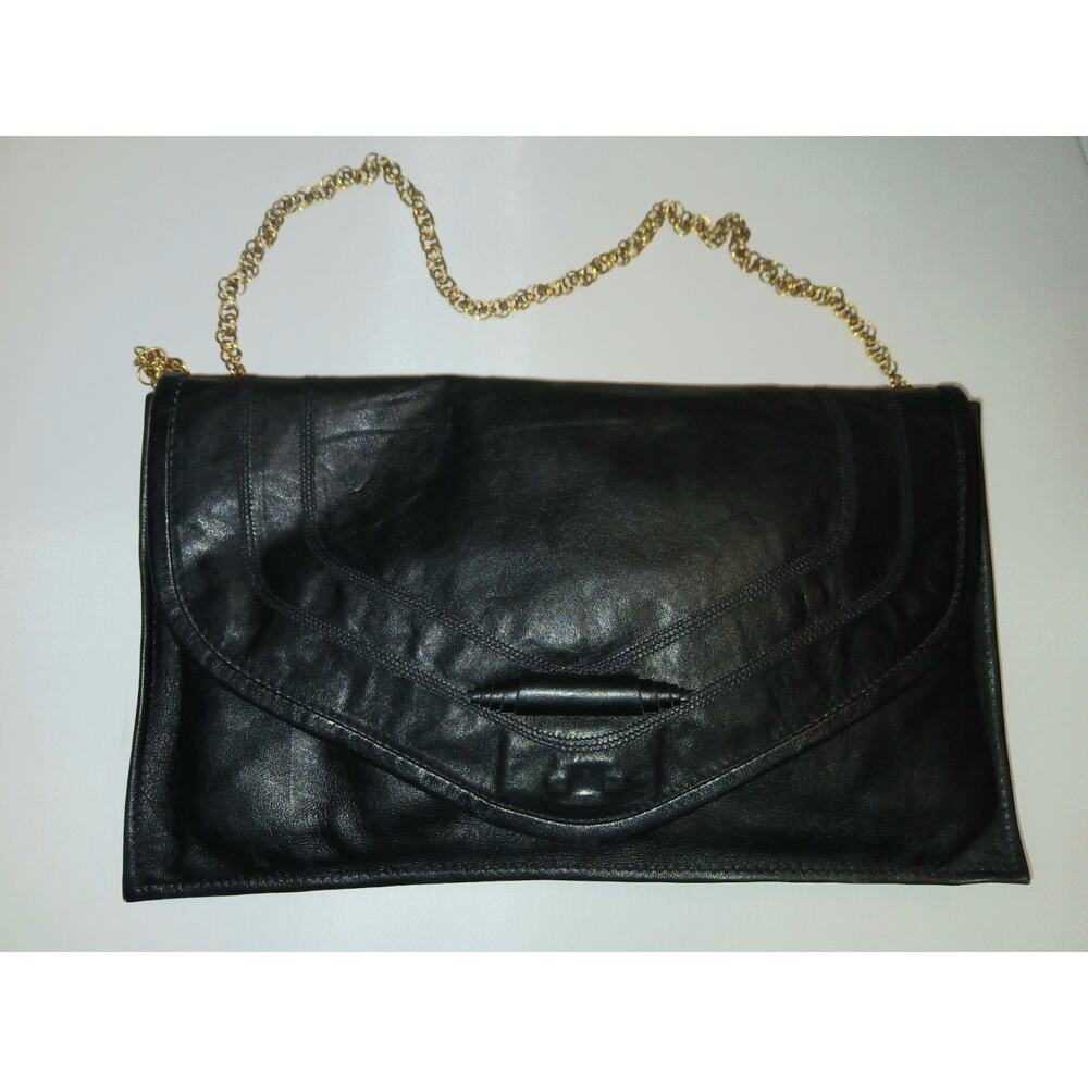 Vintage Gemini Black Leather Envelope Clutch Gold Chain Shoulder Bag